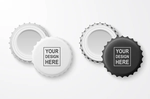 Vector 3d Realistic Black and White Blank Beer Bottle Cap Set Closeup Isolated on White Background. Design Template for Mock up, Package, Advertising. Top and Bottom View — Stock Vector