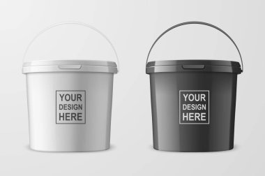 Vektör gerçekçi 3d beyaz ve siyah plastik kova koymak için gıda ürünleri, boya, gıda ürünleri, yapıştırıcılar, astar, Macun üzerine beyaz izole kapatmak. Tasarım şablonu Mockup için Packagin. Önden Görünüm