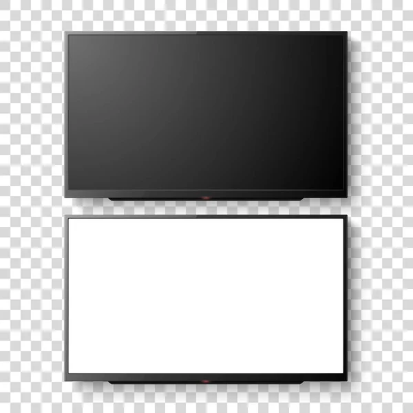 Vektorová 3D prázdná obrazovka-bílá TV sada. Moderní panel LED-nastavení panelu je izolované na průhledném pozadí. Návrhový vzor displeje monitoru velkého počítače pro mockup — Stockový vektor