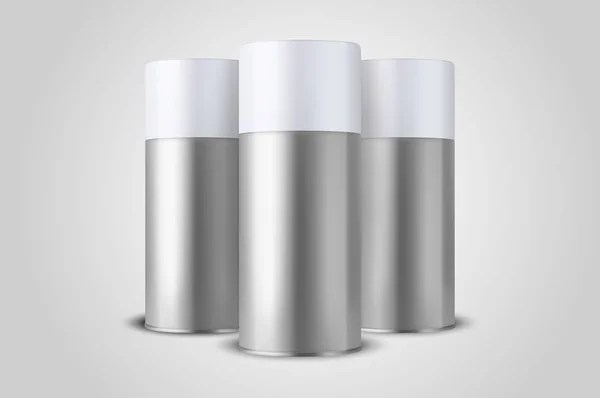 Vector 3d realista de plata en blanco aerosol lata, botella conjunto primer plano aislado sobre fondo blanco. Plantilla de diseño de pulverizador puede para fingir, paquete, publicidad, Hairspray, desodorante, etc. — Vector de stock