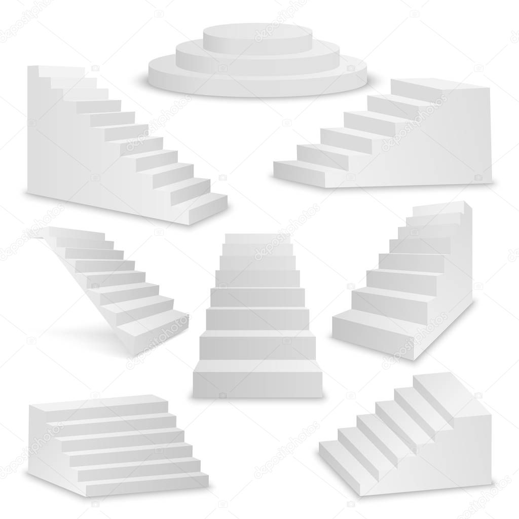 Vector 3d Realistic White Stairs Icon Set Closeup Isolated on White Background. Design Template of Interior Staircases, Vector Steps Collection