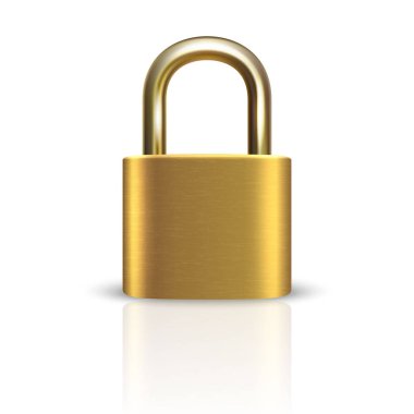 Vector 3d Realistic ClosedMetal Golden Padlock Icon Closeup Isolated on White Background. Design Template of Gold Lock for Protection Privacy, Web and Mobile Apps, Logo