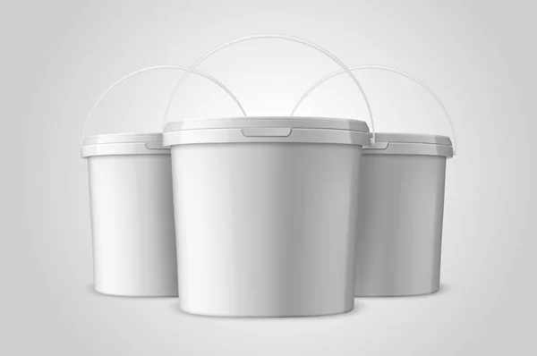 Conjunto de cubo de plástico blanco 3D realista vectorial para productos alimenticios, pintura, productos alimenticios, adhesivos, primadores, primer plano de masilla aislado sobre fondo blanco. Plantilla de diseño de Packagin para burla. Vista frontal — Vector de stock