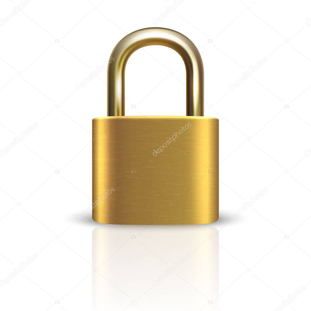 Vector 3d Realistic ClosedMetal Golden Padlock Icon Closeup Isolated on White Background. Design Template of Gold Lock for Protection Privacy, Web and Mobile Apps, Logo