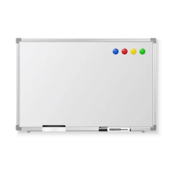 Vector 3d Realistic Blank Magnetic Whiteboard with Marker, Round Magnets and Board Sponge Closeup Isolated on White Background. Design Template for Mockup, Presentations, Training. Education Concept — Stock Vector