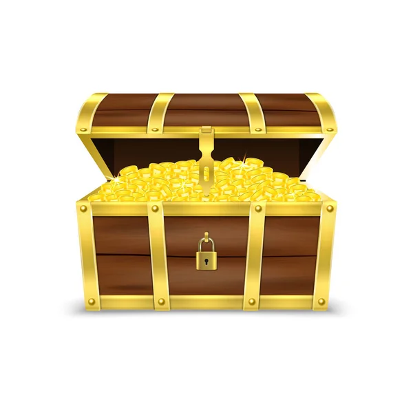 Vektorový 3D realistický otevřený retro ročník starožitný starý poklad dřevěná pirátská hruď s lesklým zlatem mince closeup izolované na bílém pozadí. Šablona návrhu pro web, aplikace, hra. Koncepce vítězů — Stockový vektor