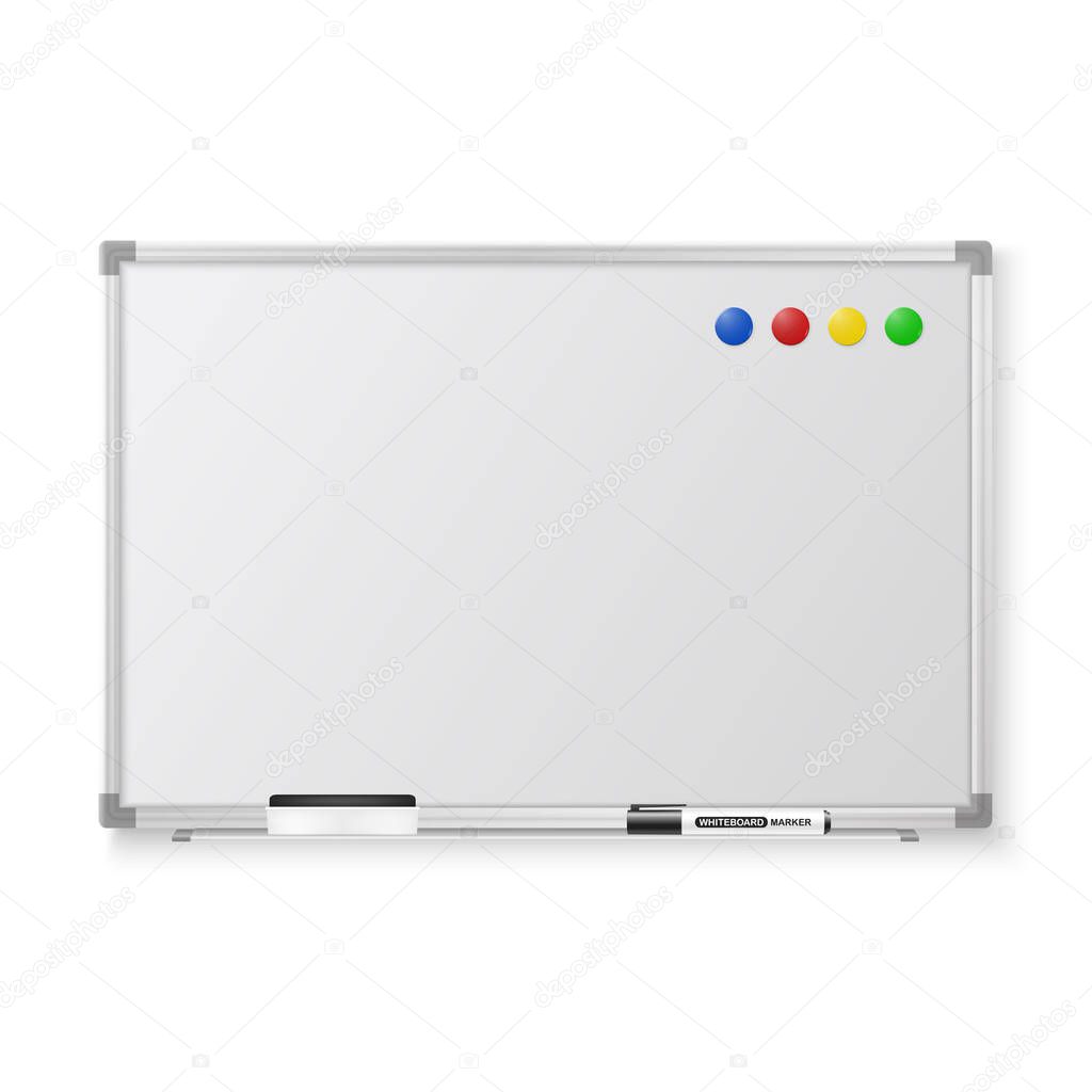 Vector 3d Realistic Blank Magnetic Whiteboard with Marker, Round Magnets and Board Sponge Closeup Isolated on White Background. Design Template for Mockup, Presentations, Training. Education Concept