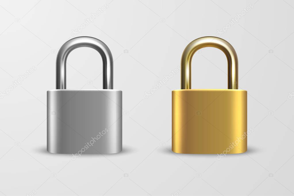 Vector 3d Realistic Closed Metal Golden and Silver Padlock Icon Set Closeup Isolated on White Background. Design Template of Gold, Steel Lock for Protection Privacy, Web and Mobile Apps, Logo