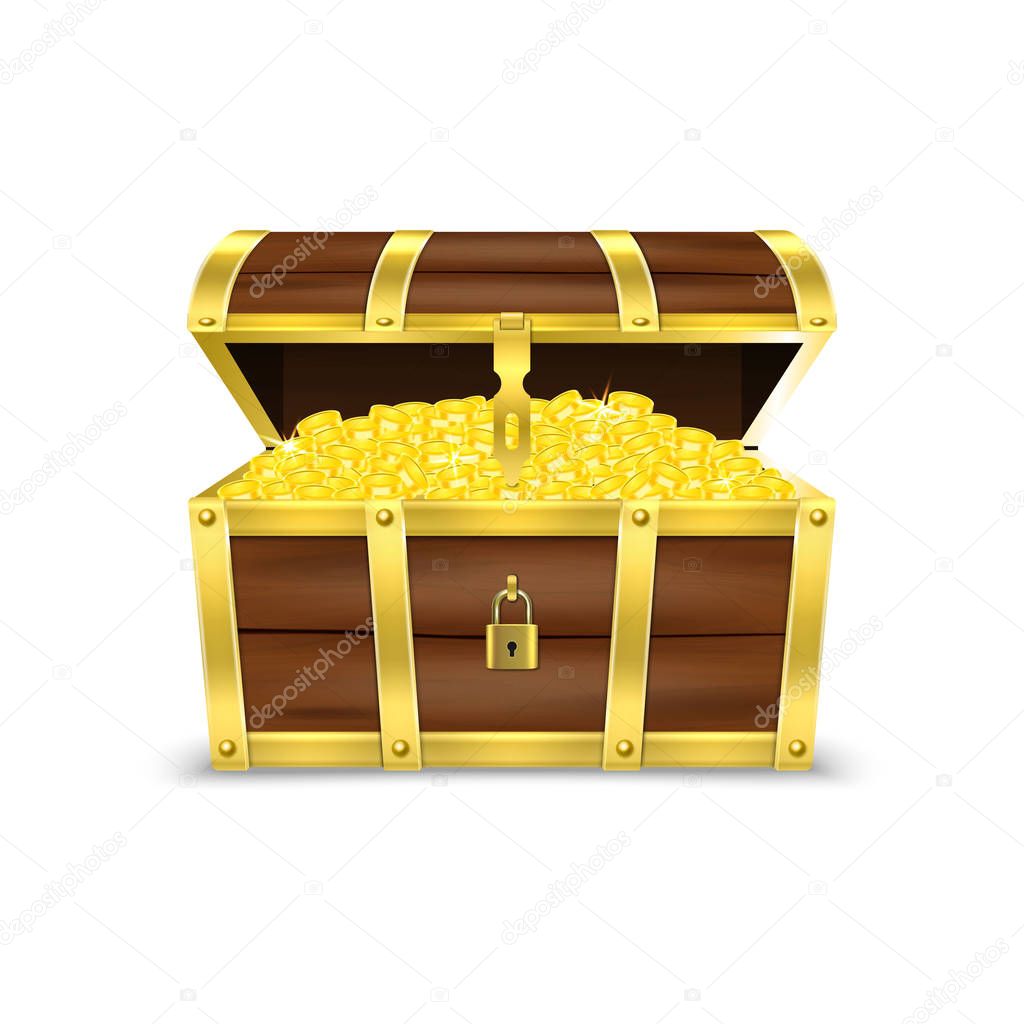 Vector 3d Realistic Opened Retro Vintage Antique Old Treasure Wooden Pirate Dower Chest with Glow Gold Coins Closeup Isolated on White Background. Design Template for Web, Apps, Game. Winner Concept