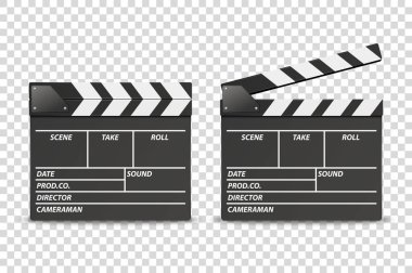 Vektör 3d Gerçekçi Boş Kapalı ve Açılan Film Film Clap Board Simge Seti Closeup Şeffaf Arka Plan üzerinde izole. Clapperboard, Slapstick, Film yapma cihazı tasarım şablonu. Ön Görünüm