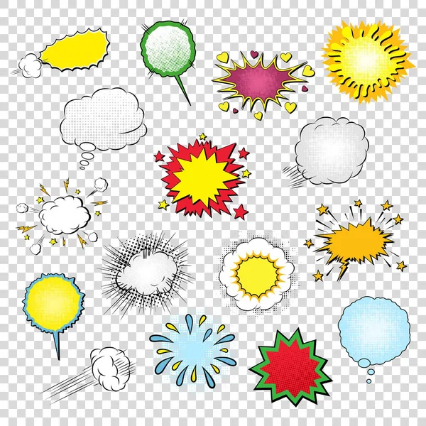 Plantillas Vectoriales en Blanco de Burbujas de Habla, Símbolos, Efectos de Sonido y Elementos Ambientados en el Estilo de Arte Pop Cómic Aislados sobre Fondo Transparente. Colores y sombras de medio tono — Archivo Imágenes Vectoriales