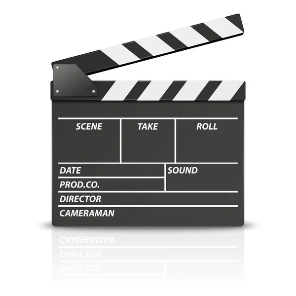 Vektorový 3D realistický prázdný otevřený filmový film, ikona Closeup, izolovaný na bílém pozadí. Návrhových vzorů Clapperboard, Slapstick, Filostroj. Pohled zepředu — Stockový vektor