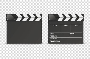 Vektör 3d Gerçekçi Kapalı Film Clap Board Simge Seti Closeup Şeffaf Arka Plan üzerinde izole. Clapperboard, Slapstick, Film yapma cihazı tasarım şablonu. Ön Görünüm