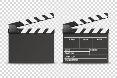 Vektör 3d Gerçekçi Açılan Film Film Clap Board Simge Seti Closeup Şeffaf Arka Plan üzerinde izole. Clapperboard, Slapstick, Film yapma cihazı tasarım şablonu. Ön Görünüm