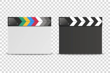 Vektör 3d Gerçekçi Kapalı Beyaz ve Siyah Boş Film Film Clap Board Simge Seti Closeup Şeffaf Arka Plan üzerinde izole. Clapperboard, Slapstick, Film yapma cihazı tasarım şablonu. Ön Görünüm