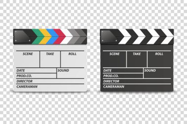 Vektör 3d Gerçekçi Kapalı Beyaz ve Siyah Film Film Clap Board Simge Seti Closeup Şeffaf Arka Plan üzerinde izole. Clapperboard, Slapstick, Film yapma cihazı tasarım şablonu. Ön Görünüm