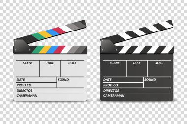 Vektör 3d Gerçekçi Açılan Beyaz ve Siyah Film Film Clap Board Simge Seti Closeup Şeffaf Arka Plan üzerinde izole. Clapperboard, Slapstick, Film yapma cihazı tasarım şablonu. Ön Görünüm