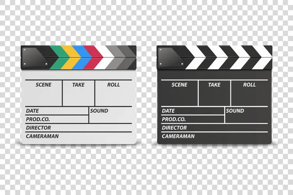 Vector 3d Realistico chiuso bianco e nero Film Clap Board Icona Set primo piano isolato su sfondo trasparente. Modello di design di Clapperboard, Slapstick, Filmmaking Device. Vista frontale — Vettoriale Stock