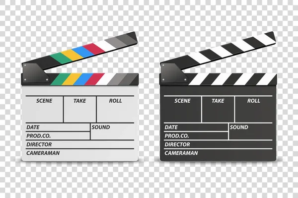 Vektör 3d Gerçekçi Açılan Beyaz ve Siyah Film Film Clap Board Simge Seti Closeup Şeffaf Arka Plan üzerinde izole. Clapperboard, Slapstick, Film yapma cihazı tasarım şablonu. Ön Görünüm