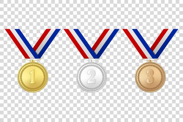 Conjunto de iconos de medallas de oro, plata y bronce realistas de Vector 3D con cintas de color de primer plano aisladas sobre fondo transparente. El Primer, Segundo, Tercer Lugar, Premios. Torneo Deportivo, Victoria — Archivo Imágenes Vectoriales