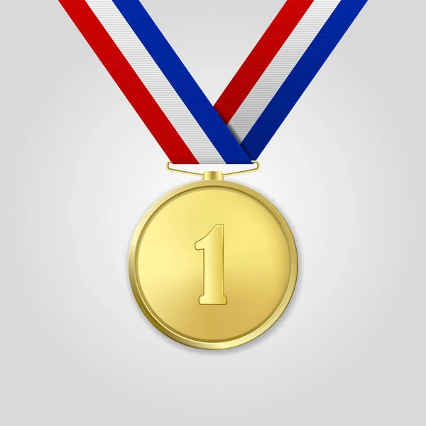 Medalla de Oro Realista Vector 3D con Cinta de Color Aislado en Fondo Blanco. El Primer Lugar, Premio. Torneo Deportivo, Concepto de Victoria — Vector de stock