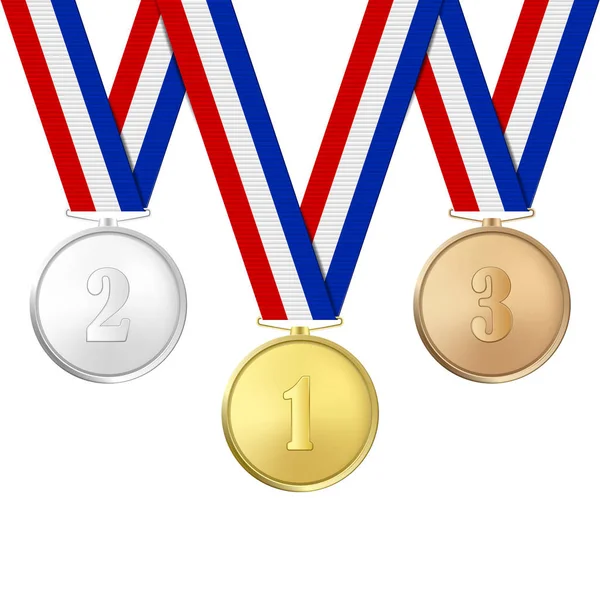 Vecteur 3d Réaliste Médailles d'or, d'argent et de bronze Icône sertie de rubans de couleur Fermer Isolé sur fond blanc. La première, la deuxième, la troisième place, les prix. Tournoi sportif, Victoire — Image vectorielle