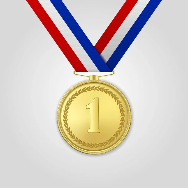 Medaglia Vector 3d Realistic Gold Award con nastro colorato isolato su sfondo bianco. Il Primo Posto, Premio. Torneo sportivo, concetto di vittoria — Vettoriale Stock