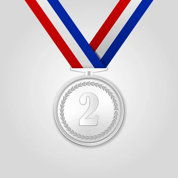 Vector 3d Réaliste Médaille d'argent avec ruban de couleur Fermer isolé sur fond blanc. La deuxième place, Prize. Tournoi sportif, concept de victoire — Image vectorielle