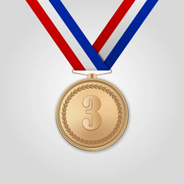 Vektorová 3D reálná medaile za bronzovou cenu s barevnou stuhou, která je izolována na bílém pozadí. Třetí místo, cena. Sportovní turnaj, koncept vítězství — Stockový vektor
