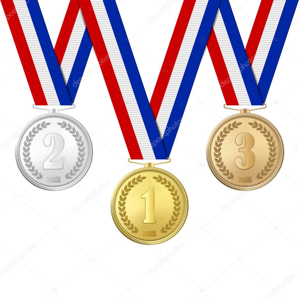 Vector 3d Realistic Gold, Silver and Bronze Award Medals Icon Set with Color Ribbons Closeup Isolated on White Background. The First, Second, Third Place, Prizes. Sport Tournament, Victory