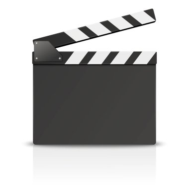 Vektör 3d Gerçekçi Boş Açılan Film Clap Board Simge Closeup Beyaz Arka Plan izole. Clapperboard, Slapstick, Film yapma cihazı tasarım şablonu. Ön Görünüm
