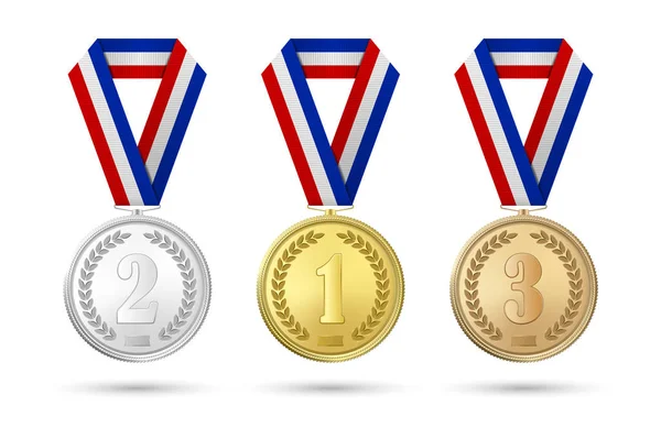 Вектор 3D реалістичний золото, срібло і Бронзова премія медаль значок встановити з кольоровими стрічками крупним планом ізольовані на білому фоні. Перше, друге, третє місце, призи. Спортивний турнір, концепція перемоги — стоковий вектор