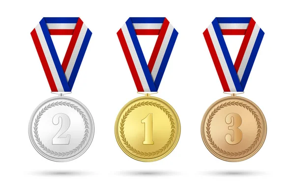 Icône vectorielle médaille d'or, d'argent et de bronze réaliste 3d sertie de rubans de couleur isolés sur fond blanc. La première, la deuxième, la troisième place, les prix. Tournoi sportif, concept de victoire — Image vectorielle