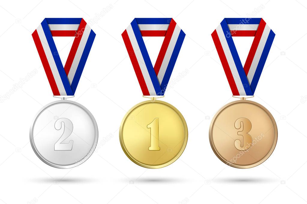 Vector 3d Realistic Gold, Silver and Bronze Award Medal Icon Set with Color Ribbons Closeup Isolated on White Background. The First, Second, Third Place, Prizes. Sport Tournament, Victory Concept