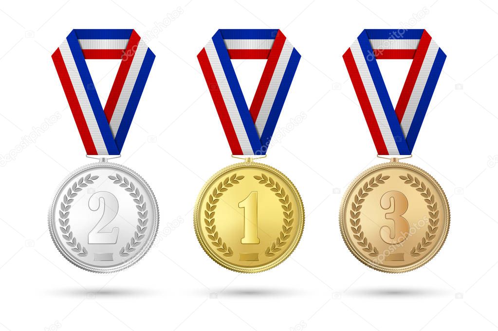 Vector 3d Realistic Gold, Silver and Bronze Award Medal Icon Set with Color Ribbons Closeup Isolated on White Background. The First, Second, Third Place, Prizes. Sport Tournament, Victory Concept
