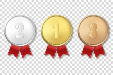 Vektör 3d Gerçekçi Altın, Gümüş ve Bronz Ödül Madalya Simge Seti Renkli Kurdeleler Closeup Beyaz Arka Plan izole. Birinci, İkinci, Üçüncülük, Ödüller. Spor Turnuvası, Zafer Konsepti