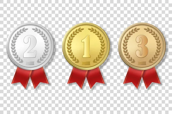 Векторная 3d Realistic Gold, Silver and Bronze Award Medal Icon Set with Color Ribbons Closeup Isolated on White Background. Первое, второе, третье место, призы. Спортивный турнир, Концепция победы — стоковый вектор