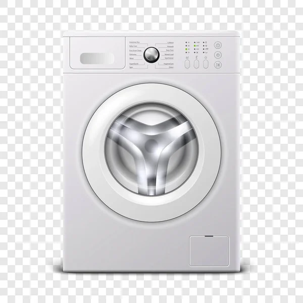 Vector 3d realista moderno branco aço máquina de lavar Icon Closeup Isolado em fundo transparente. Modelo de Design de Wacher. Vista frontal, Conceito de lavanderia —  Vetores de Stock