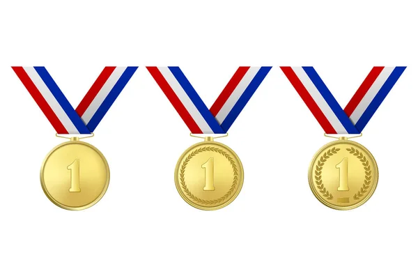 Вектор 3d Реалістична золота медаль Набір іконок з кольоровими стрічками крупним планом ізольовано на білому тлі. Перше місце, премії. Спортивний турнір, концепція перемоги або переможця — стоковий вектор
