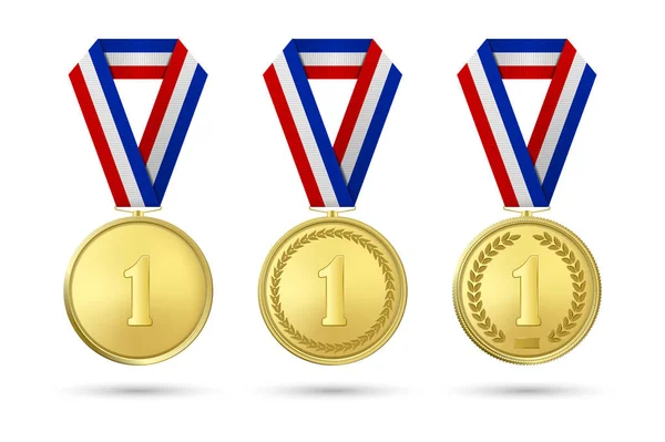 Icône de médaille d'or réaliste vectorielle 3d sertie de rubans de couleur isolés sur fond blanc. La première place, les prix. Tournoi sportif, victoire ou concept gagnant — Image vectorielle