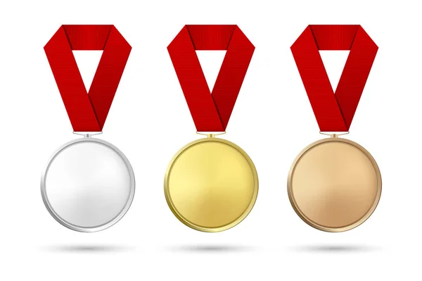 Conjunto de iconos de medalla de oro, plata y bronce realistas de Vector 3D con cintas de color de primer plano aisladas sobre fondo blanco. El Primer, Segundo, Tercer Lugar, Premios. Torneo Deportivo, Concepto de Victoria — Vector de stock