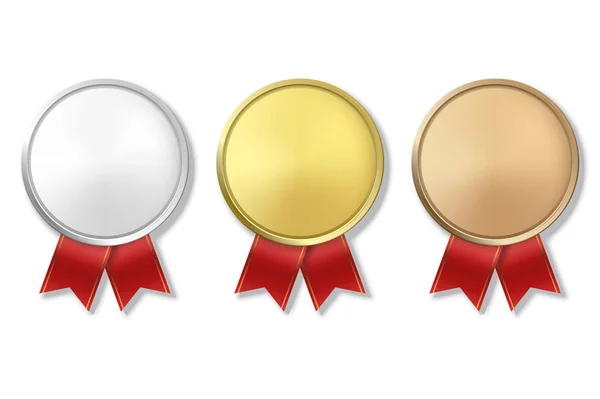 Векторная 3d Realistic Gold, Silver and Bronze Award Medal Icon Set with Color Ribbons Closeup Isolated on White Background. Первое, второе, третье место, призы. Спортивный турнир, Концепция победы — стоковый вектор