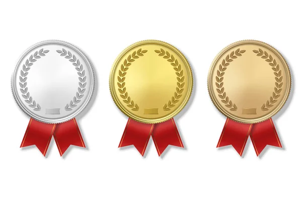 Векторная 3d Realistic Gold, Silver and Bronze Award Medal Icon Set with Color Ribbons Closeup Isolated on White Background. Первое, второе, третье место, призы. Спортивный турнир, Концепция победы — стоковый вектор