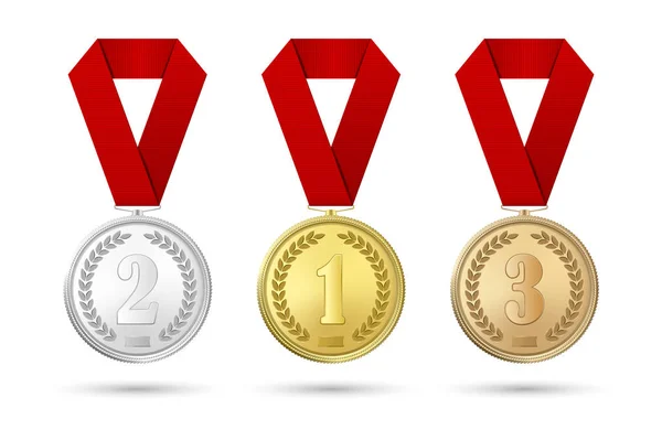 Vector 3D realistische goud, zilver en brons Award medaille icon set met kleur linten close-up geïsoleerd op witte achtergrond. De eerste, tweede, derde plaats, prijzen. Sport toernooi, Overwinnings concept — Stockvector