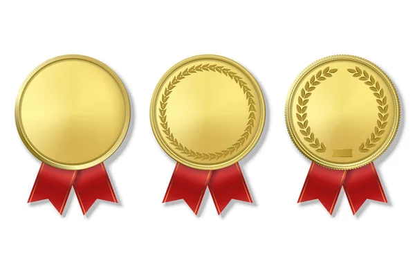 Vektör 3d Gerçekçi Altın Ödülü Madalya Simge Seti Renkli Kurdeleler Closeup Beyaz Arka Plan izole. Birincilik, Ödüller. Spor Turnuvası, Zafer veya Kazanan Kavramı — Stok Vektör
