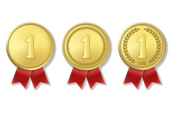 Vector 3D realistische Gold Award medaille icon set met kleur linten close-up geïsoleerd op witte achtergrond. De eerste plaats, prijzen. Sport toernooi, overwinning of winnaar concept — Stockvector