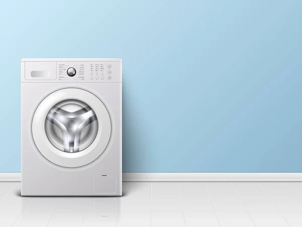 Vektor-Hintergrund mit 3D realistischen modernen weißen Stahl Waschmaschine Nahaufnahme. Hintergrund. Designvorlage von wacher. Frontansicht, Wäschekonzept — Stockvektor