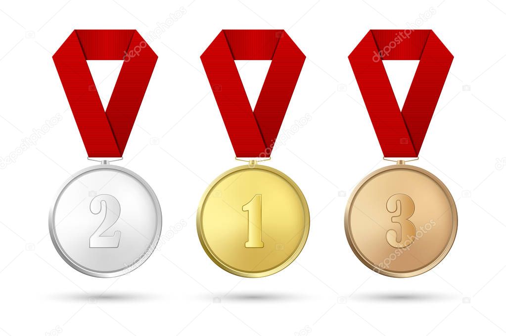 Vector 3d Realistic Gold, Silver and Bronze Award Medal Icon Set with Color Ribbons Closeup Isolated on White Background. The First, Second, Third Place, Prizes. Sport Tournament, Victory Concept