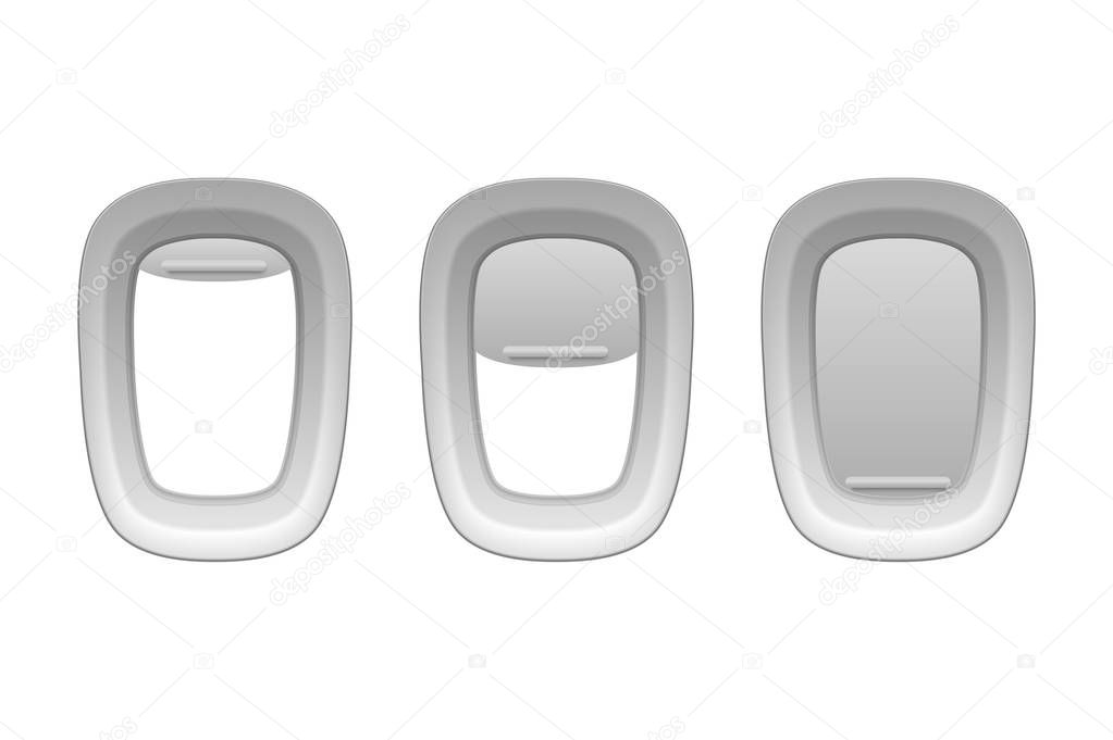 Vector 3d Realistic Three White Plastic Portholes of Airplane with Open and Closed Window Shades. Icon set Closeup. View From Aircraft Flight Window. Travel and Tourism Concept