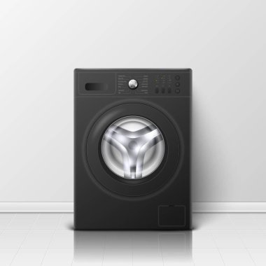 Vektör Arka Plan 3d Gerçekçi Modern Siyah Çelik Çamaşır Makinesi Closeup ile. Arka plan. Wacher Tasarım Şablonu. Ön Görünüm, Çamaşır Konsepti